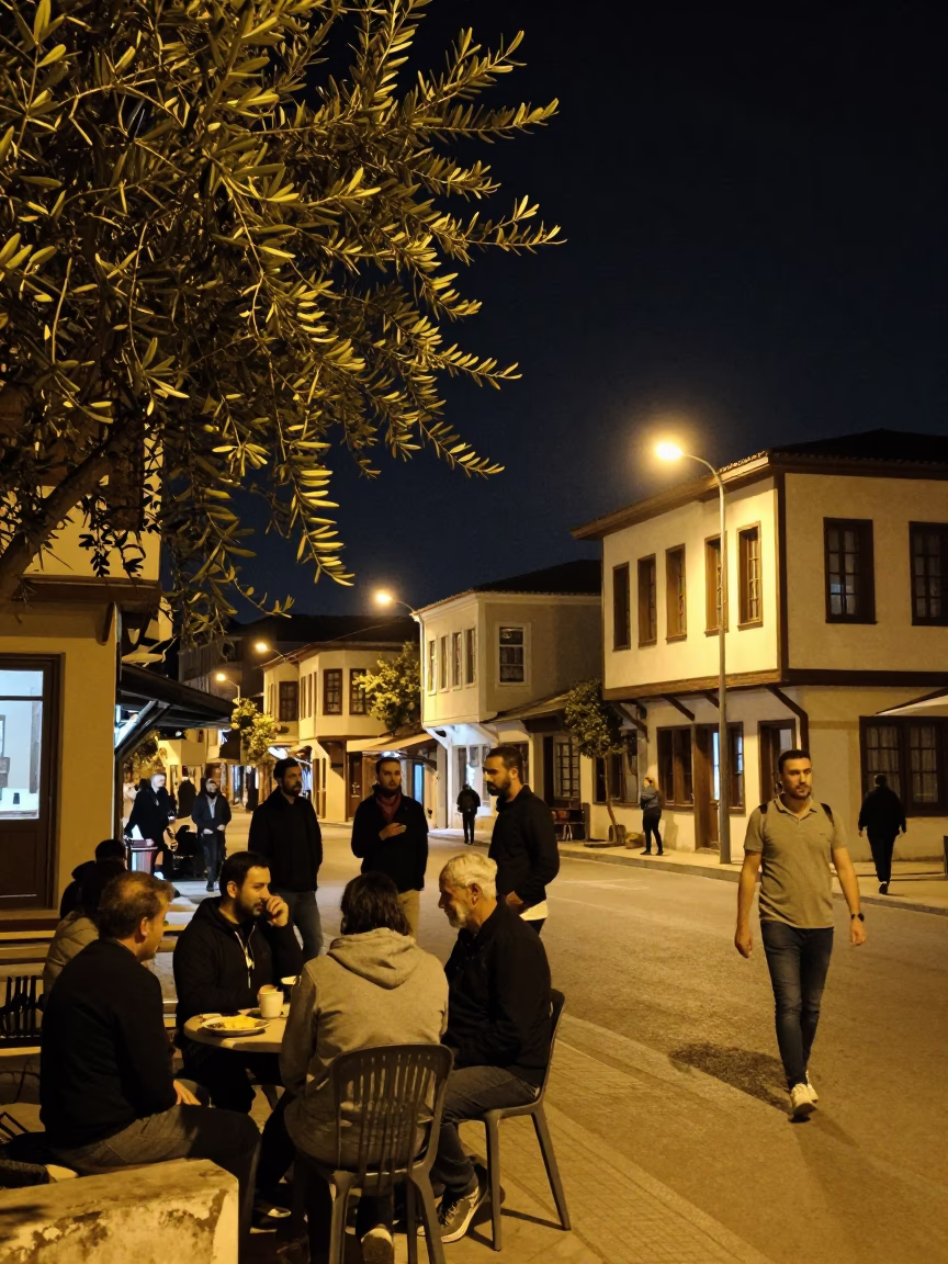 Izmir Turkey Night Street Scene with Olive Branch and Local Interaction in in Izmir, Turkey
