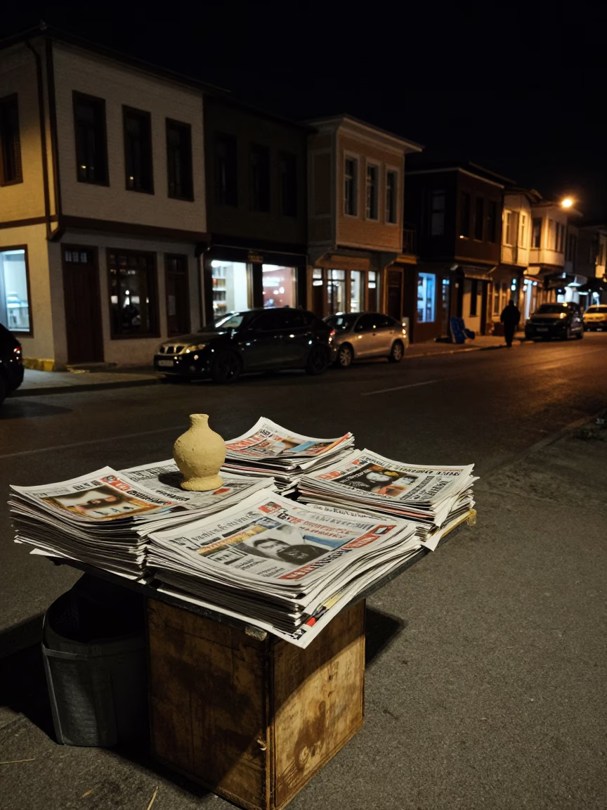Izmir Turkey Night Street Scene with Stacked Newspapers and Clay Pottery in in Izmir, Turkey