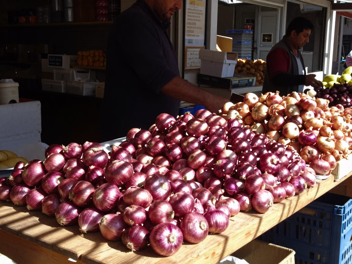 Izmir Turkey Noon Light Wicker Shadow Onions Market Stall in in Izmir, Turkey