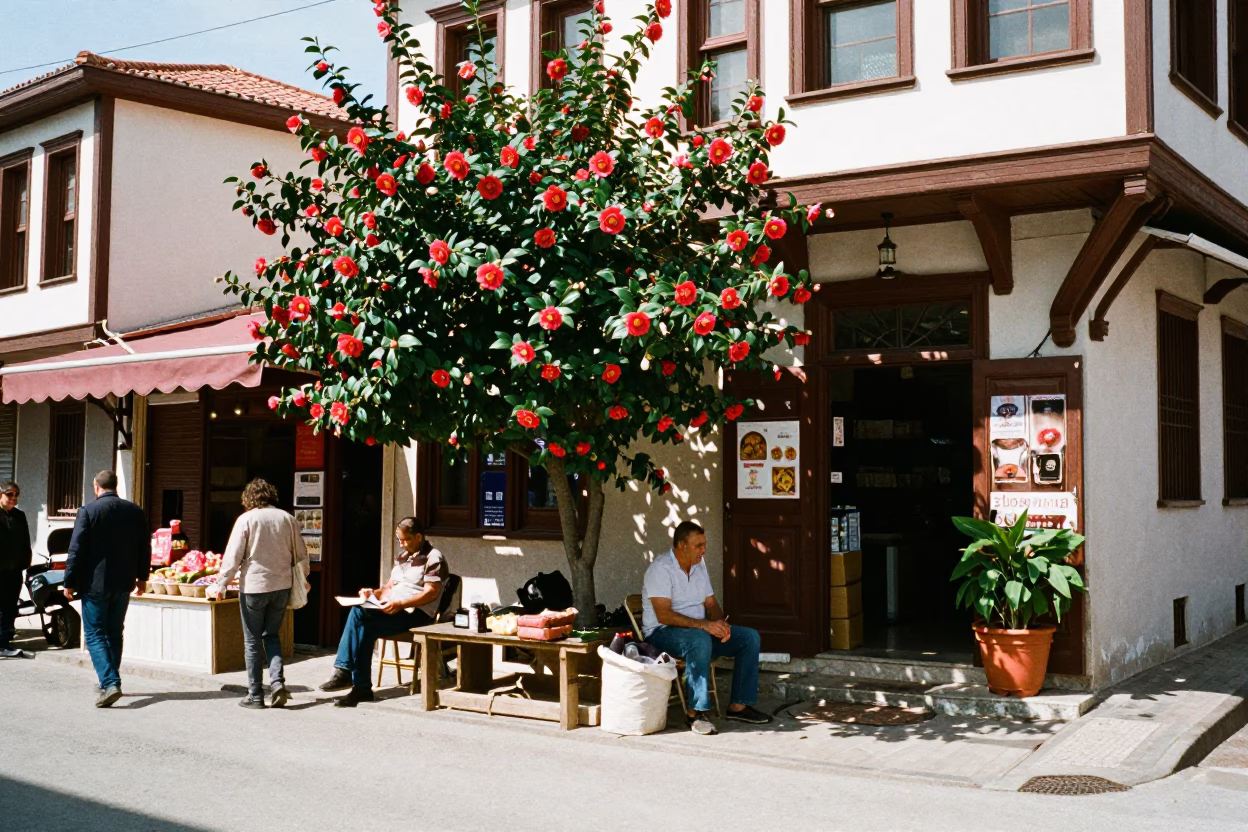 Izmir Turkey Noon Street Scene with Camellia and Local Commerce in in Izmir, Turkey