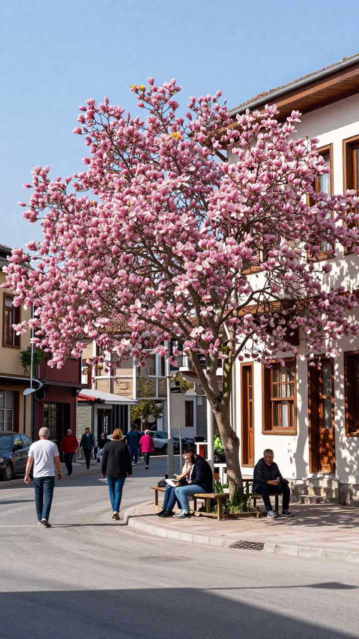 Izmir Turkey Noon Street Scene with Magnolia Tree Bloom and Local Market Activity in in Izmir, Turkey