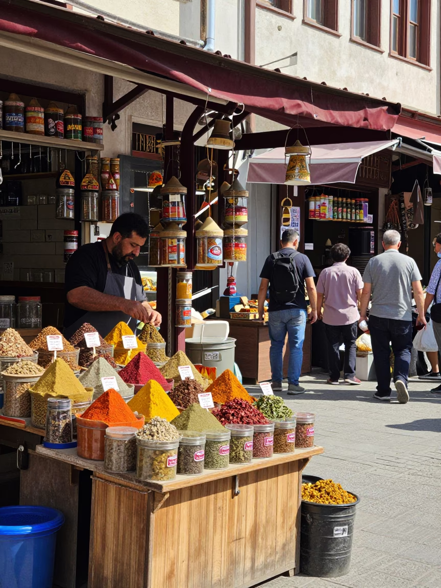 Izmir Turkey noon street scene with spice tins and local vendor interaction in in Izmir, Turkey