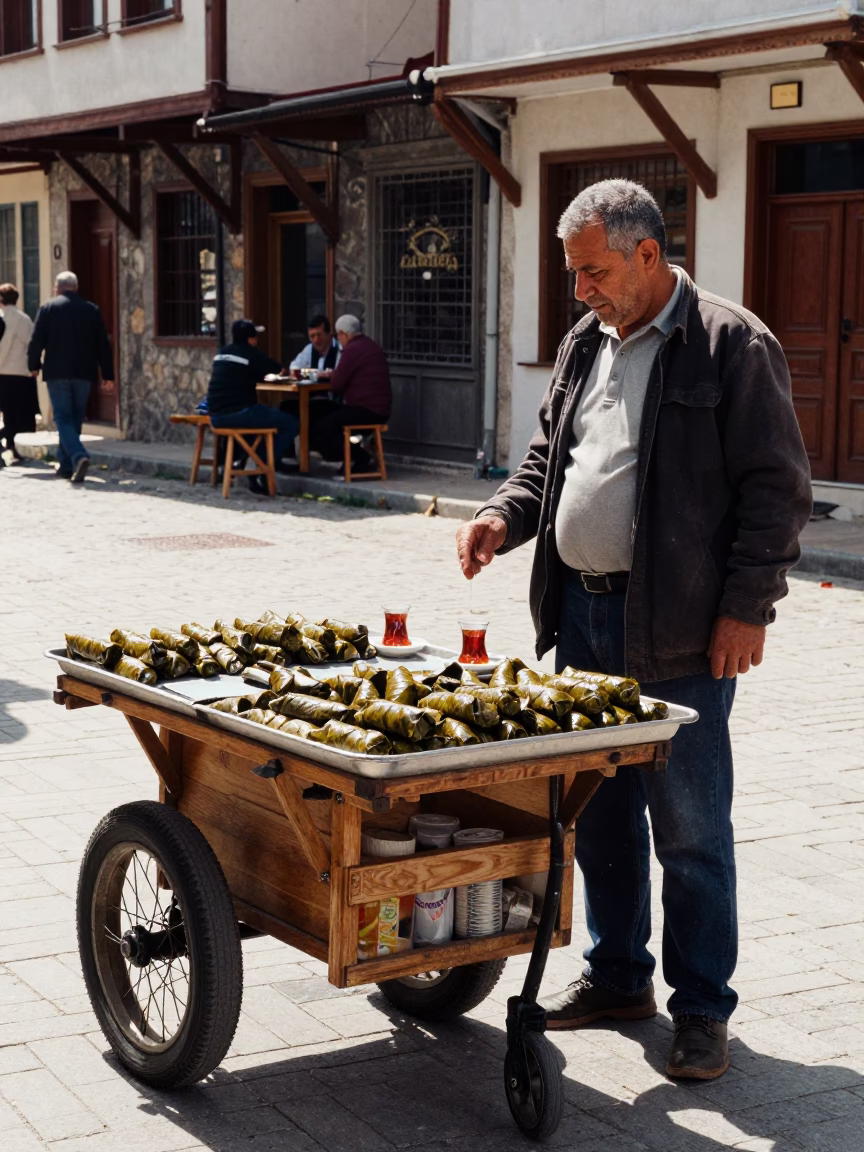 Izmir Turkey Noon Street Scene with Traditional Dolma and Tea Kettle in in Izmir, Turkey