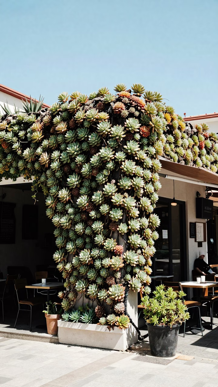 Izmir Turkey Noon Sunlight on Cafe Exterior Living Wall of Succulents and Street Life in in Izmir, Turkey