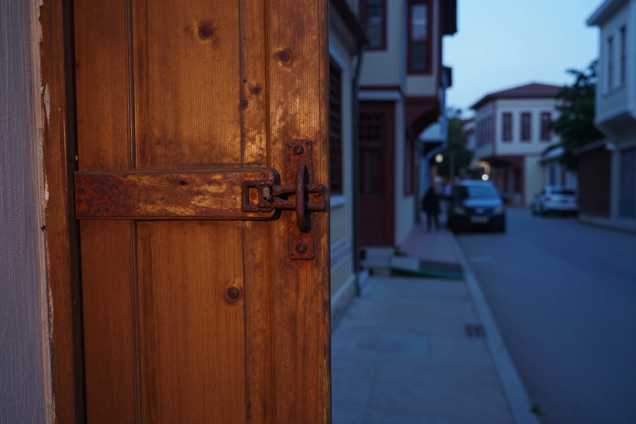 Izmir Turkey Pre-Dawn Street Corner with Rusty Cabinet Latch and Broom in in Izmir, Turkey