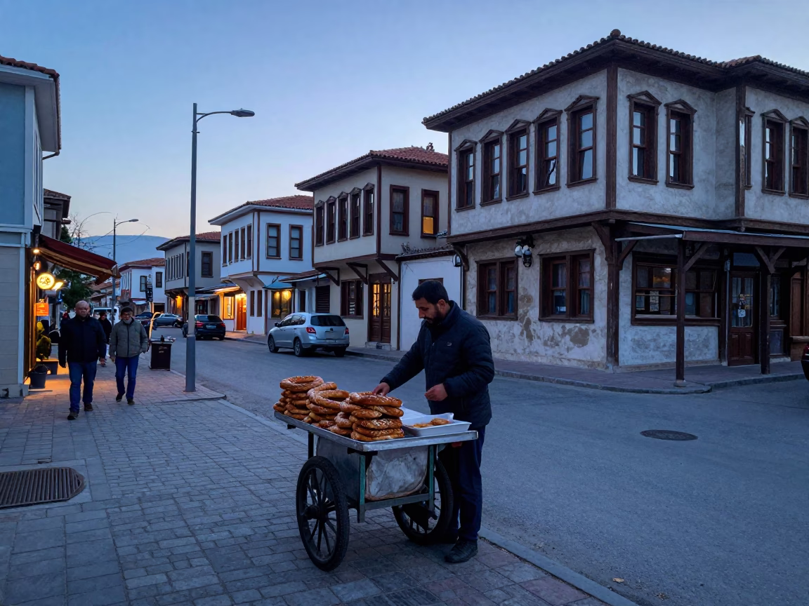 Izmir Turkey Pre-Dawn Street Scene with Local Vendor and Traditional Elements in in Izmir, Turkey