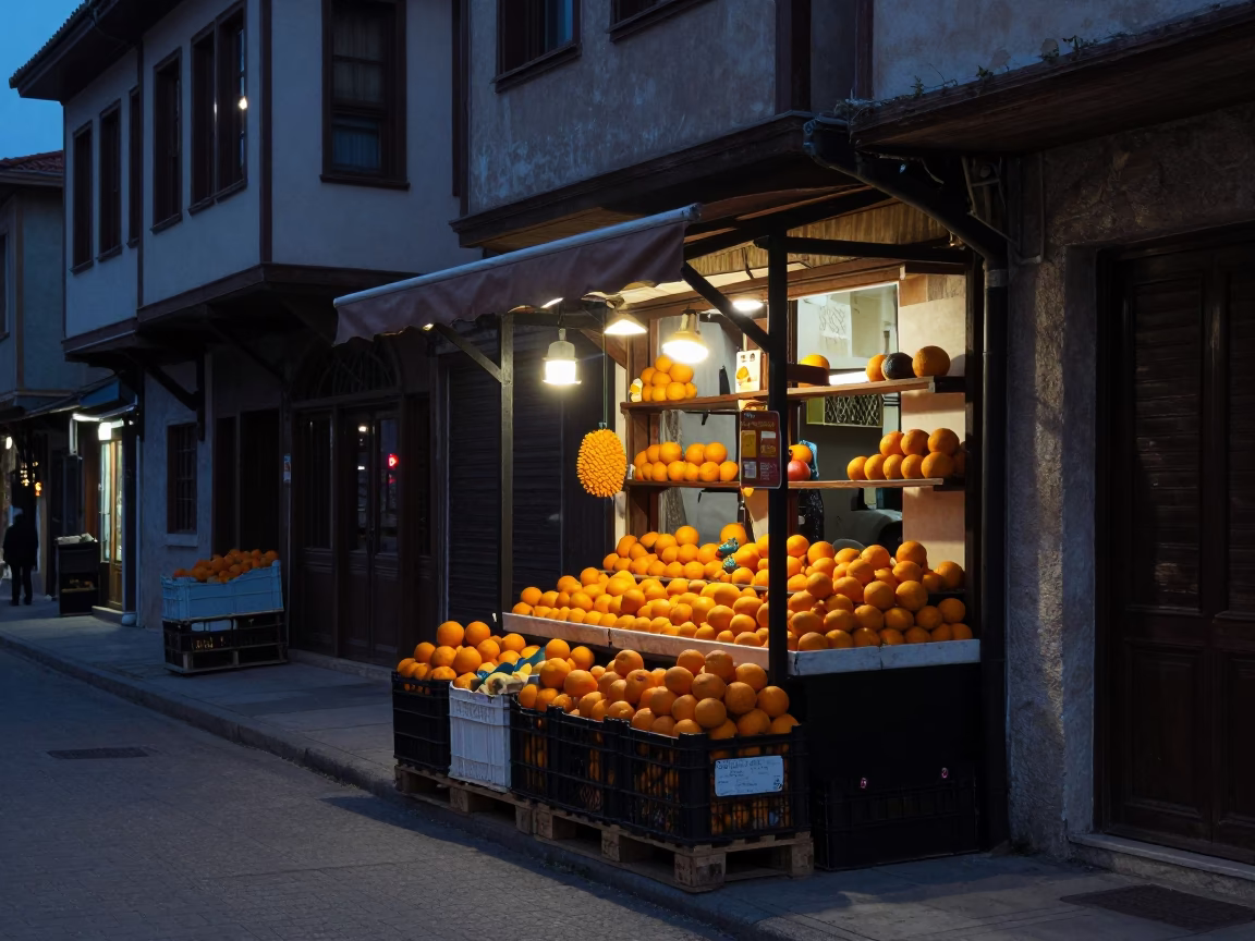 Izmir Turkey predawn street scene with oranges and local commerce in in Izmir, Turkey