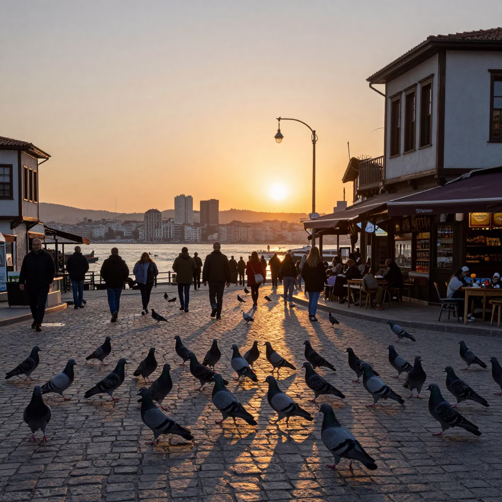 Izmir Turkey Street Scene at Dusk with Pigeons and Local Market Stalls in in Izmir, Turkey
