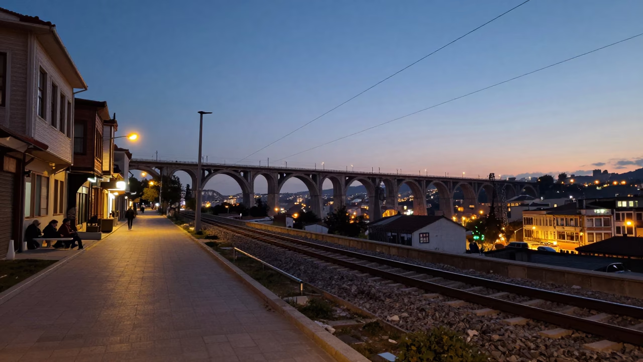 Izmir Turkey Street Scene at Dusk with Railway Viaduct and Local Life in in Izmir, Turkey