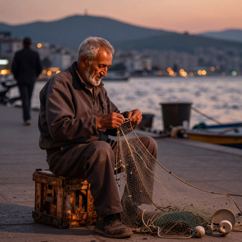 Izmir Turkey Street Scene Before Dusk Elderly Fisherman Mending Nets in in Izmir, Turkey