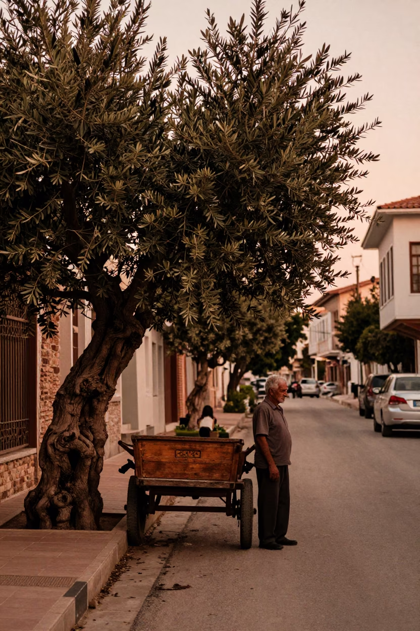 Izmir Turkey Street Scene Before Dusk with Olive Tree and Local Vendor in in Izmir, Turkey