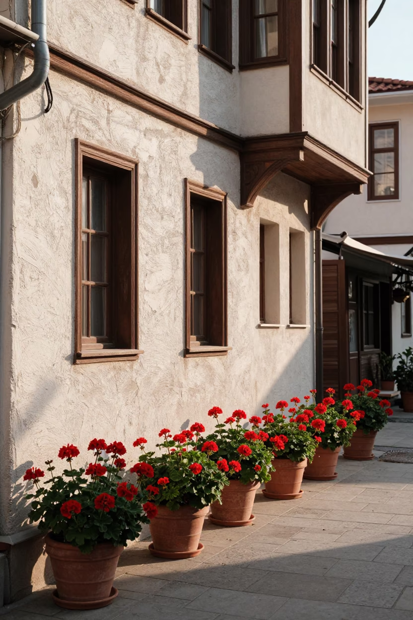 Izmir Turkey Street Scene Early Afternoon with Geraniums and Local Life in in Izmir, Turkey