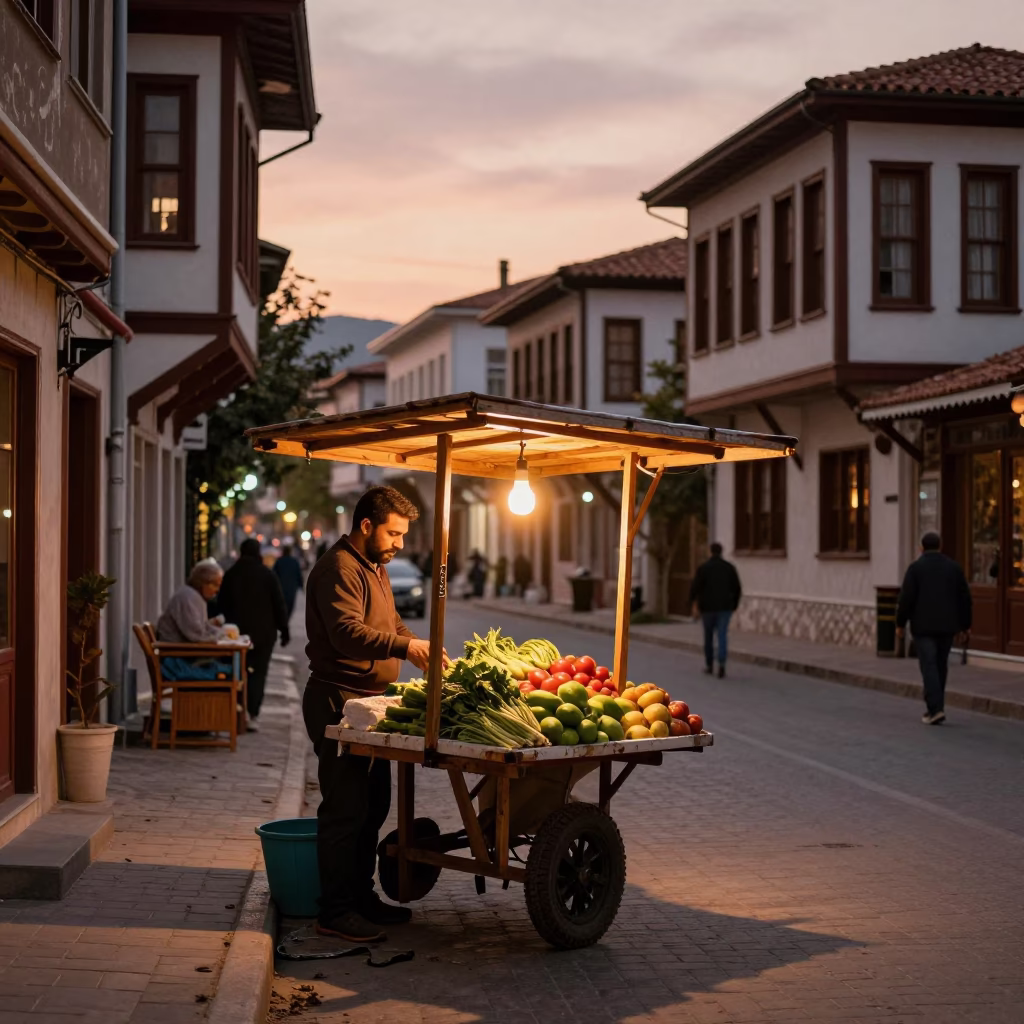 Izmir Turkey Street Scene in Copper Dusk Light with Local Market Details in in Izmir, Turkey