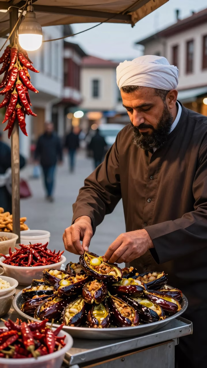 Izmir Turkey street scene with imam bayildi and chili peppers in copper dusk light in in Izmir, Turkey
