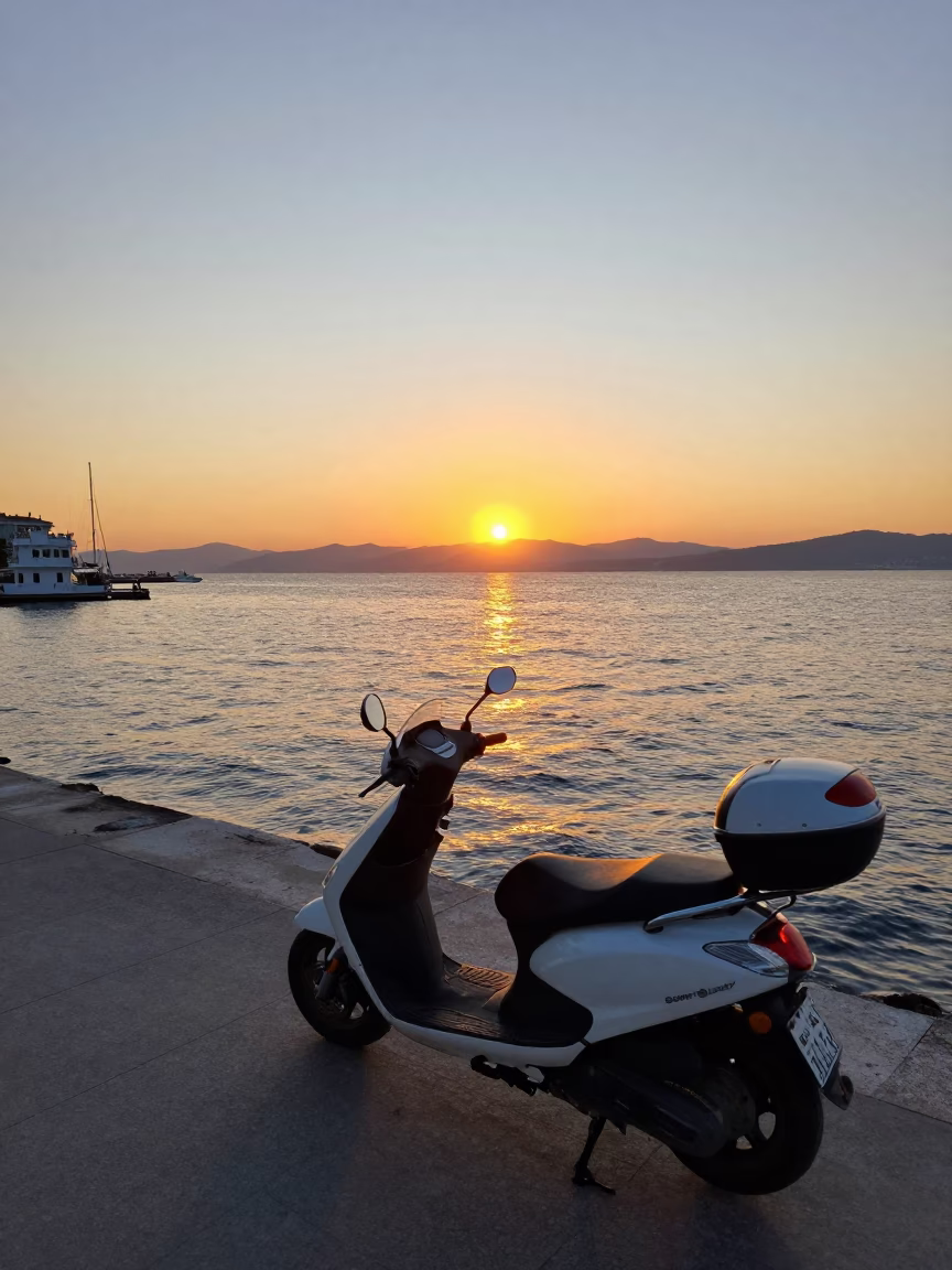 Izmir Turkey Sunset Harbor Promenade with Parked Scooter and Sea Horizon View in in Izmir, Turkey