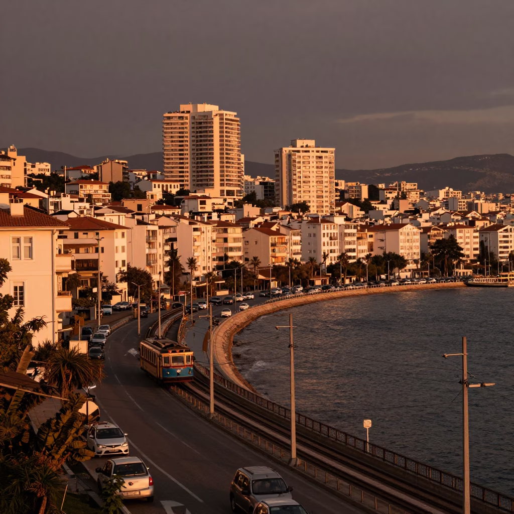 Izmir Turkey Sunset Harbor View with Tram and Coastal Road in in Izmir, Turkey