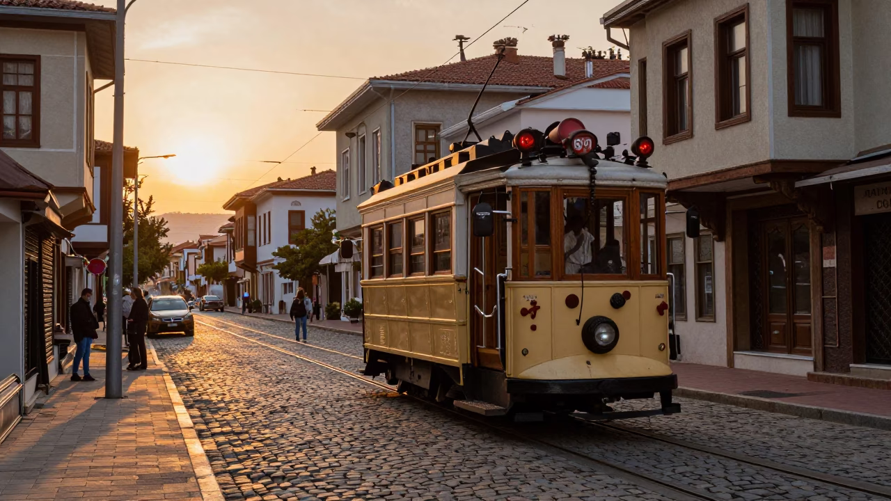 Izmir Turkey Sunset Heritage Tram on Cobblestone Avenue with Local Pedestrians in in Izmir, Turkey