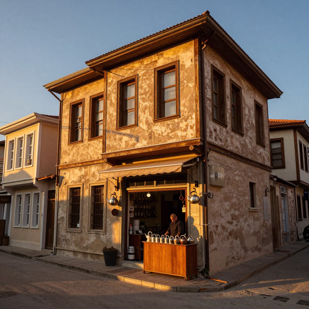Izmir Turkey Sunset Street Scene with Tea Kettles and Latch on Historic Building in in Izmir, Turkey
