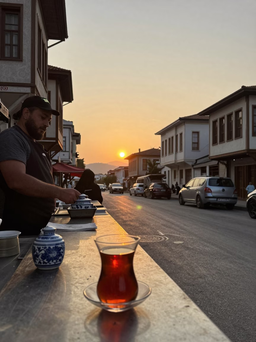 Izmir Turkey Sunset Street Scene with Traditional Tea and Local Commerce in in Izmir, Turkey