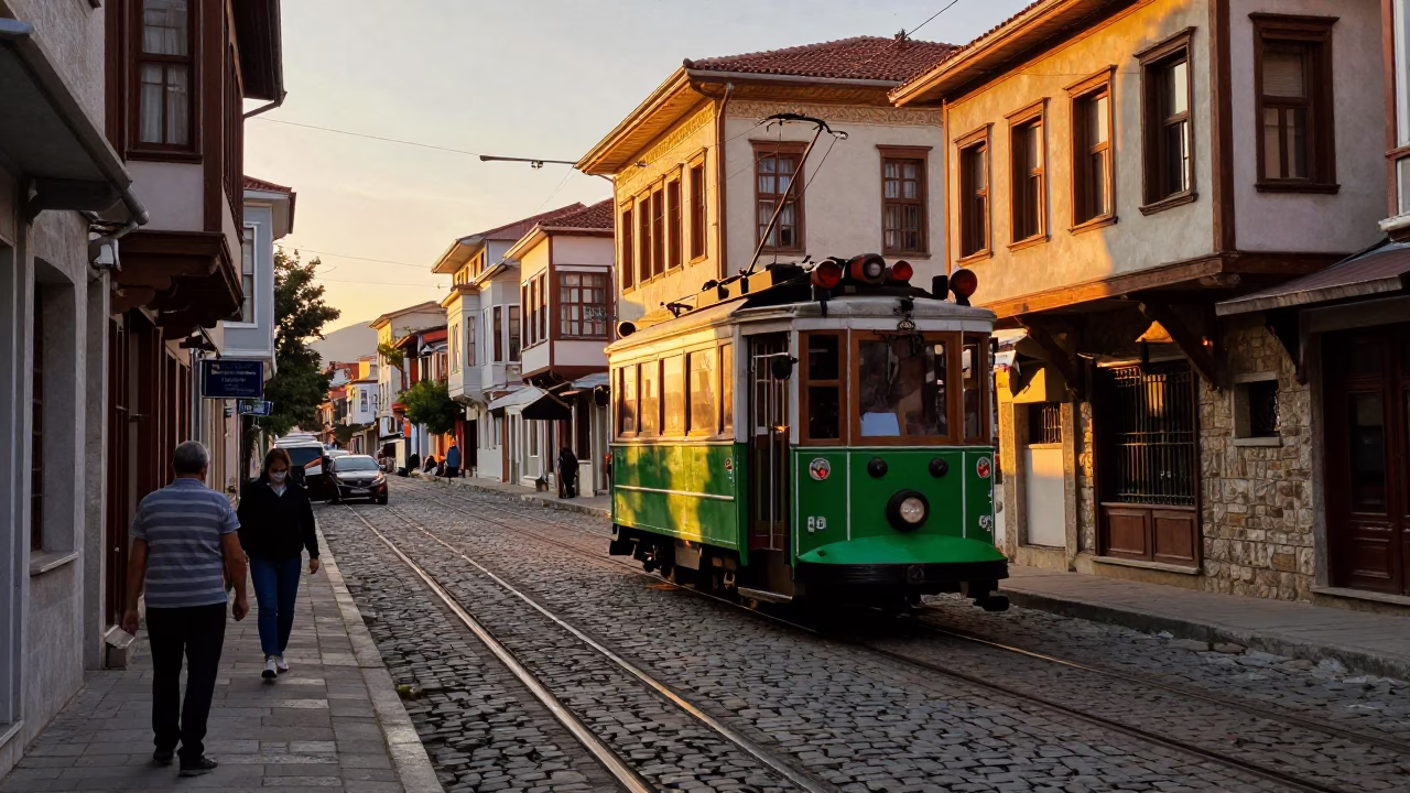Izmir Turkey Sunset Street Scene with Traditional Tram and Cobblestone Architecture in in Izmir, Turkey