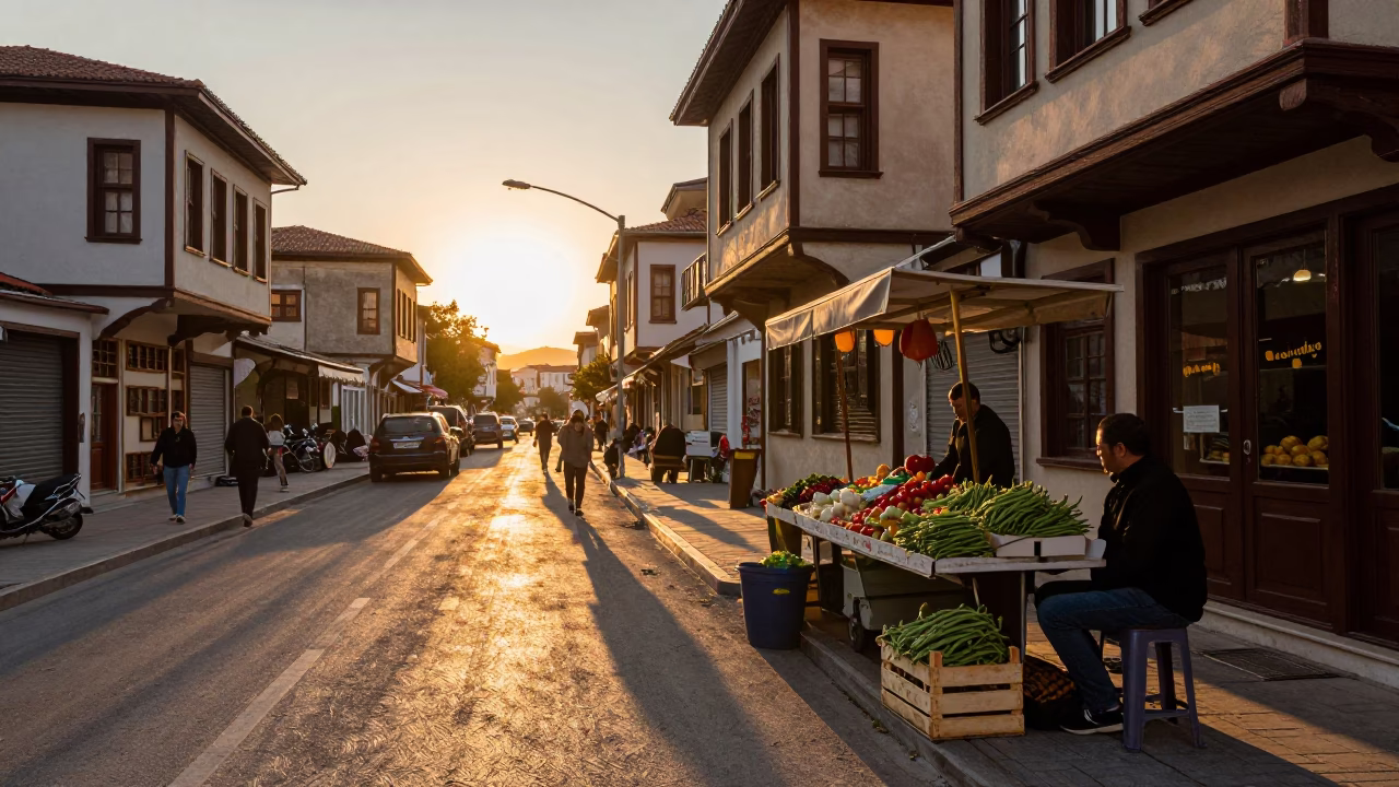 Izmir Turkey Sunset Street Scene with Wicker Shadow and Local Market Activity in in Izmir, Turkey