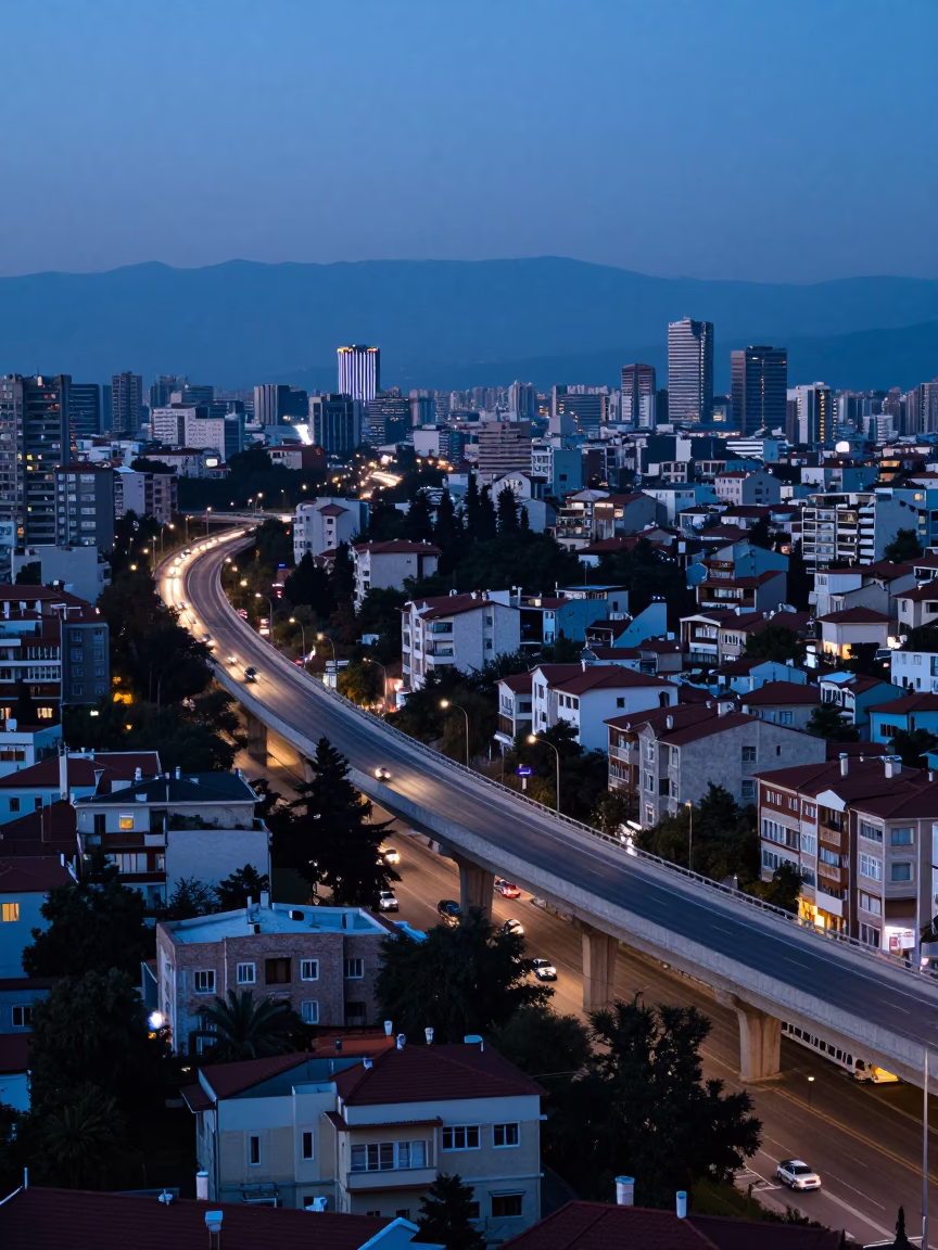 Izmir Turkey Twilight Highway Flyover Stack Over Karşıyaka Neighborhood Street Life in in Izmir, Turkey