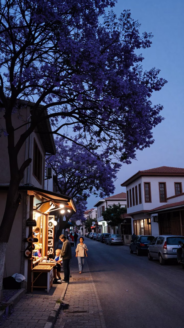 Izmir Turkey Twilight Street Scene with Jacaranda Tree Blooms and Local Life in in Izmir, Turkey