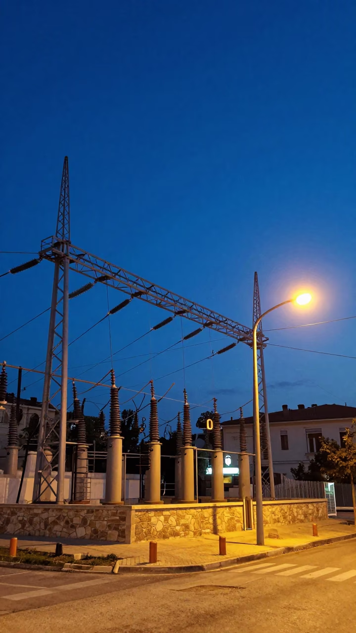 Izmir Turkey Twilight Street Scene with Power Substation Lattice and Local Life in in Izmir, Turkey