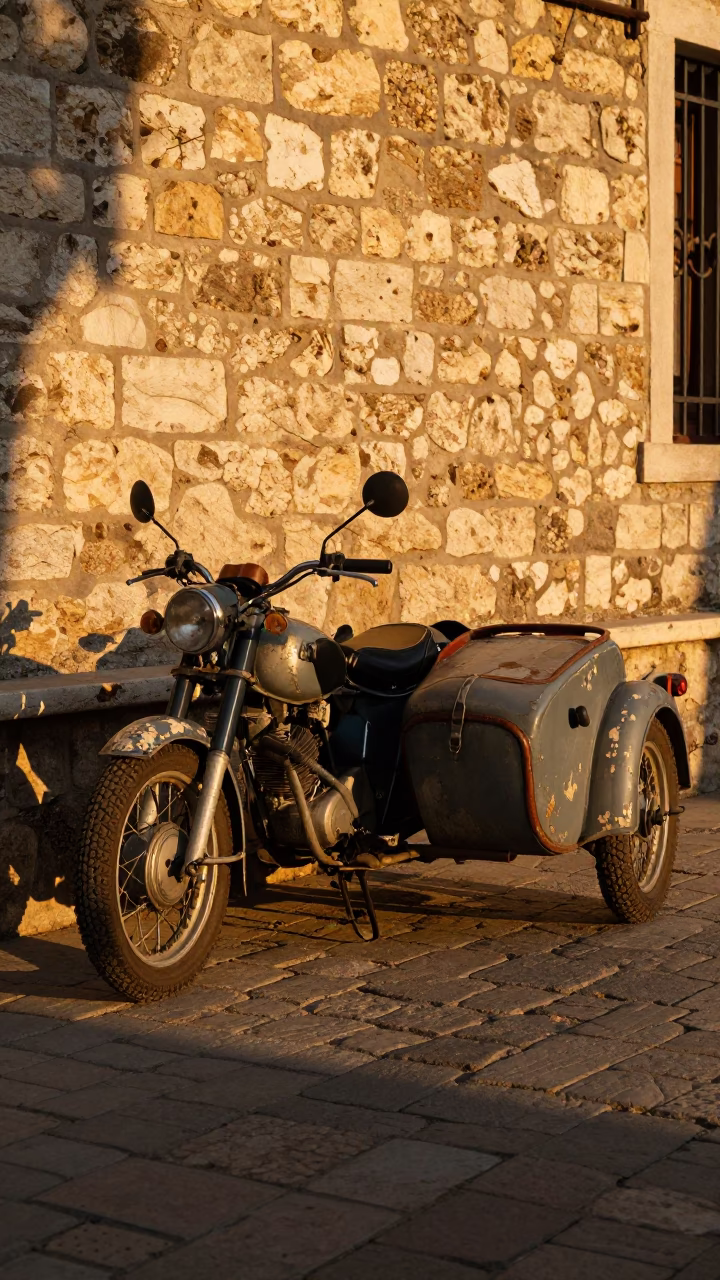 Izmir Vintage Motorcycle at Honeyed Evening Light in in Izmir, Turkey