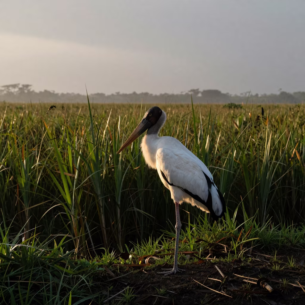 Jabiru Stork in Costa Rican Wetland Before Dawn in at the edge of a reed bed in Costa Rica