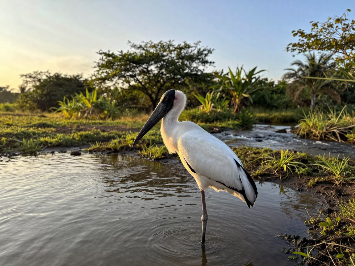Jabiru Stork Golden Hour Wetland Bali in above a glacial stream near Denpasar