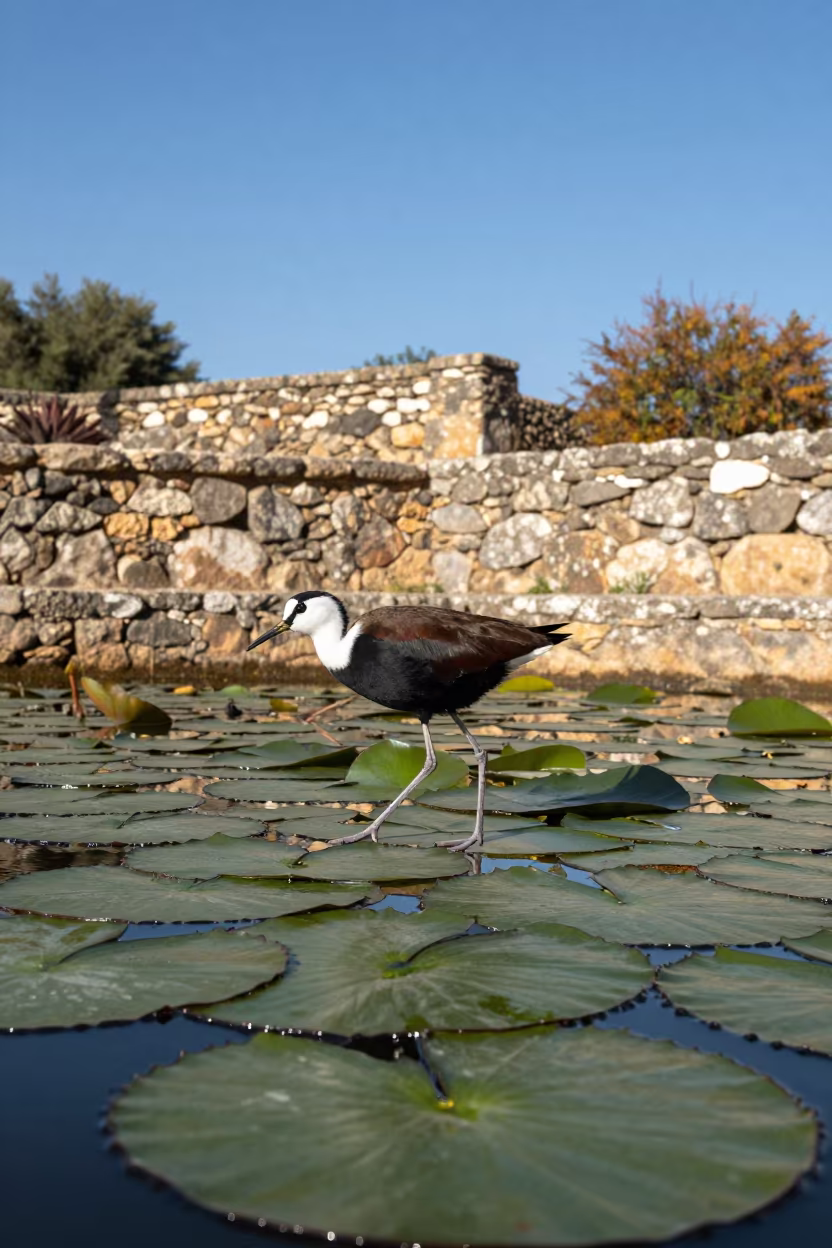 Jacana Walking Lily Pads Andalusia Garden in among terraced garden plots in Andalusia