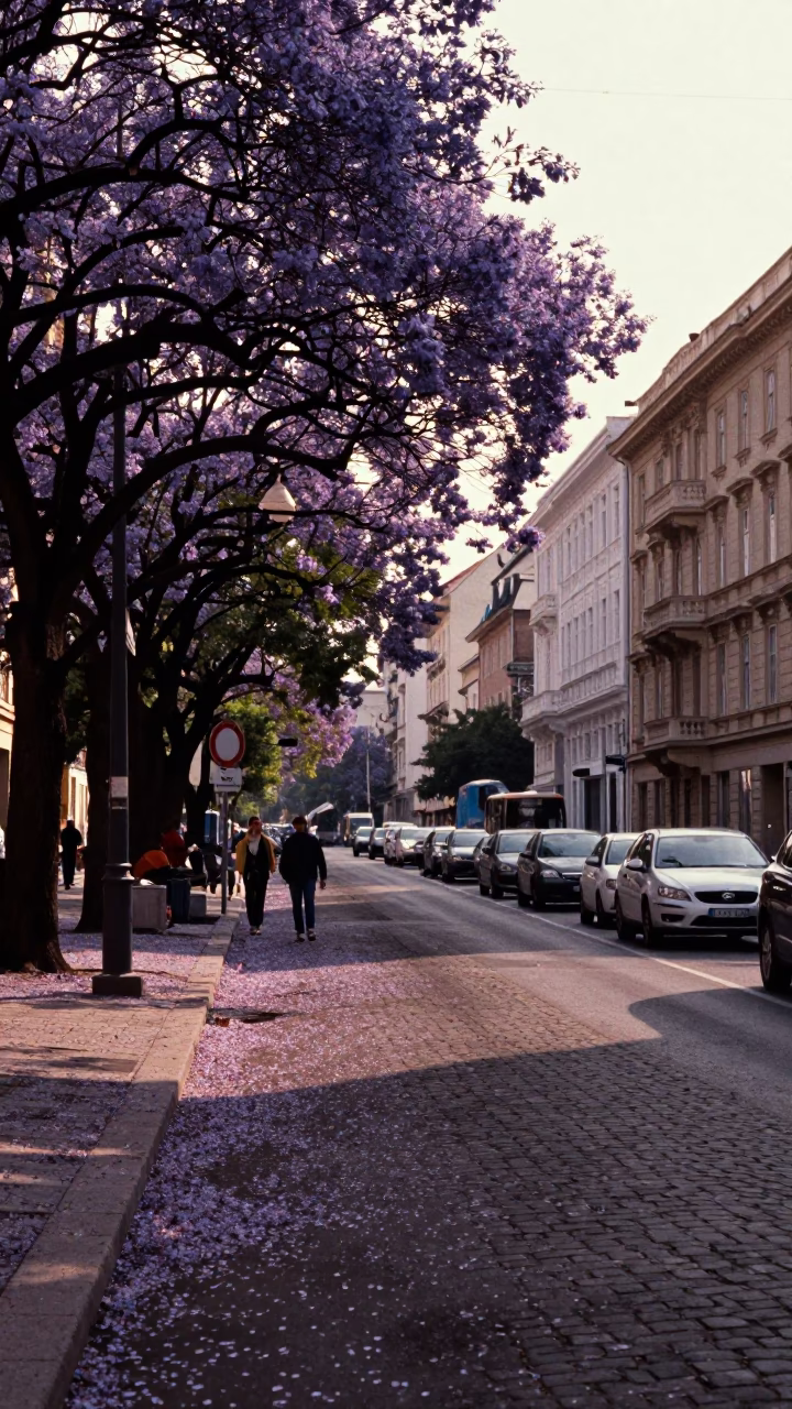 Jacaranda Blooming Vienna Boulevard Late Afternoon Street Scene in in Vienna, Austria