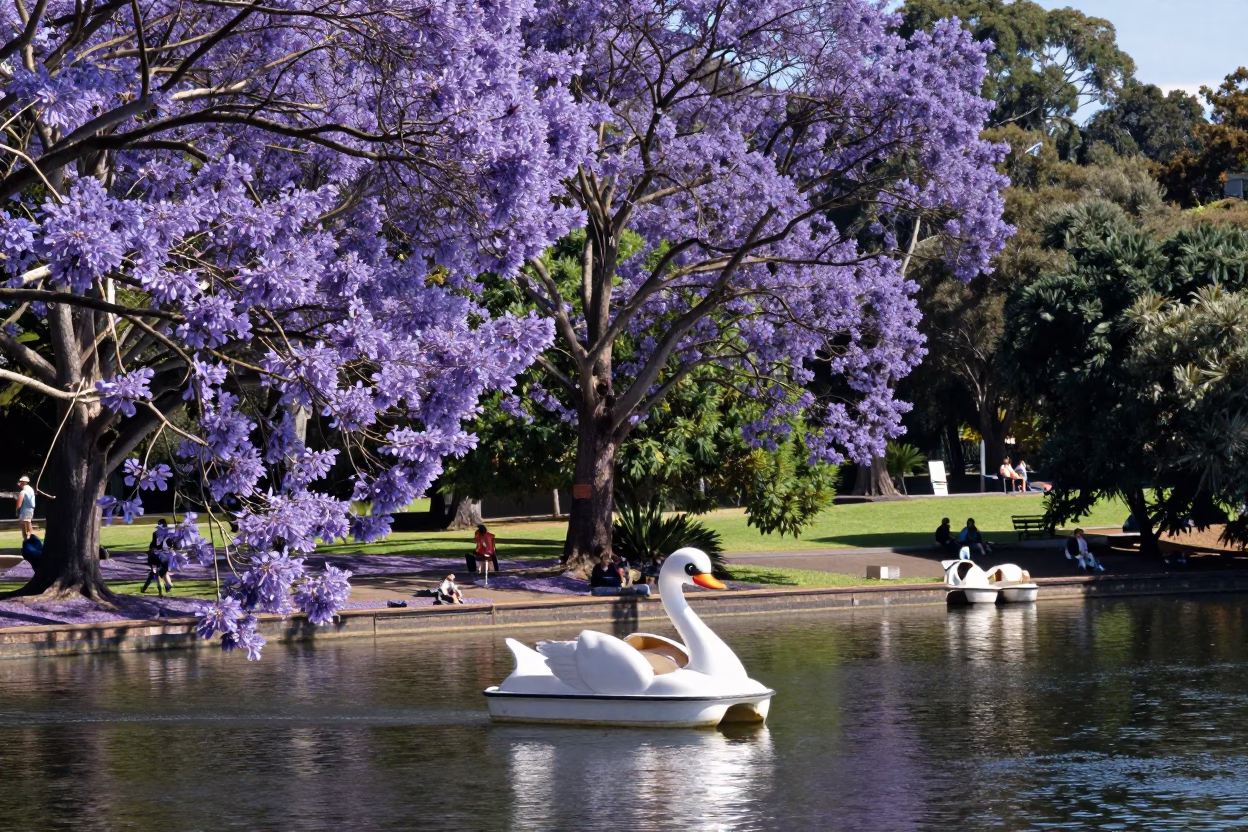 Jacaranda Blooms and Park Lake Pedal Boats in Midmorning Sydney in in Sydney, New South Wales, Australia