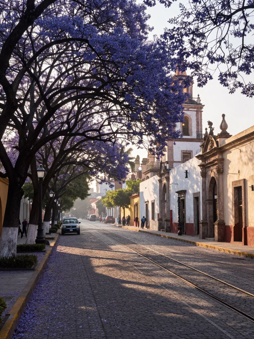 Jacaranda Boulevard at The Early Morning Light in Oaxaca in in Oaxaca, Mexico