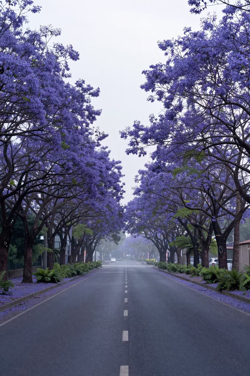 Jacaranda Boulevard Dawn Fog Ferns in on a fern-lined forest floor in the Great Barrier Reef