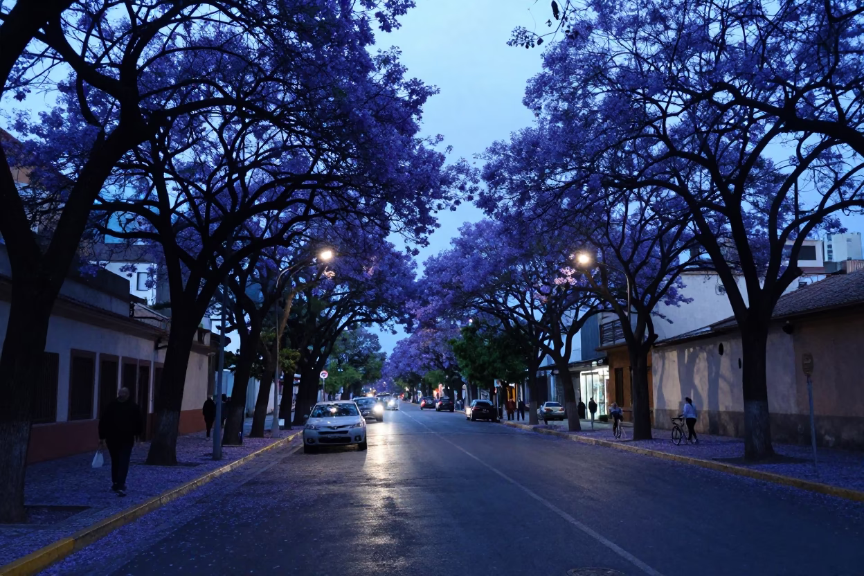 Jacaranda Boulevard in Buenos Aires Under Evening Blue Light in in Buenos Aires, Argentina