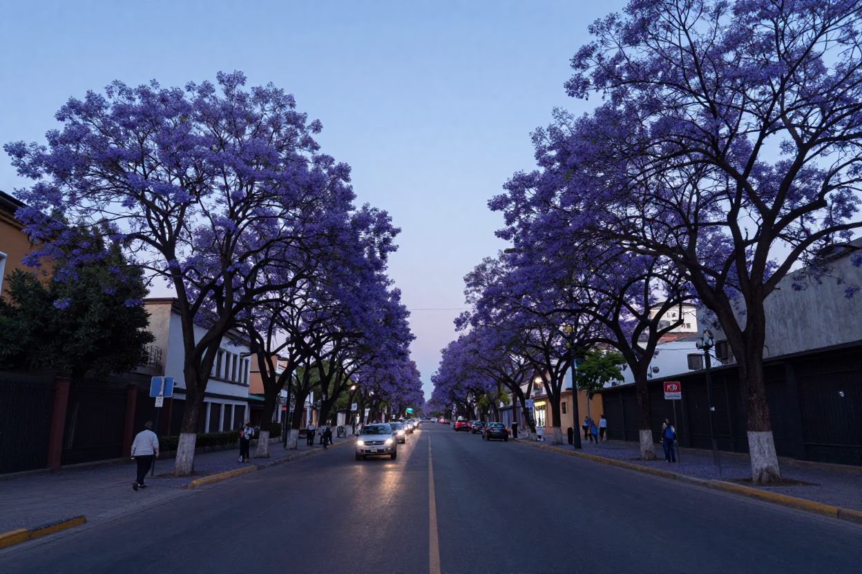 Jacaranda Boulevard in Mexico City at Nautical Dawn Light in in Mexico City, Mexico