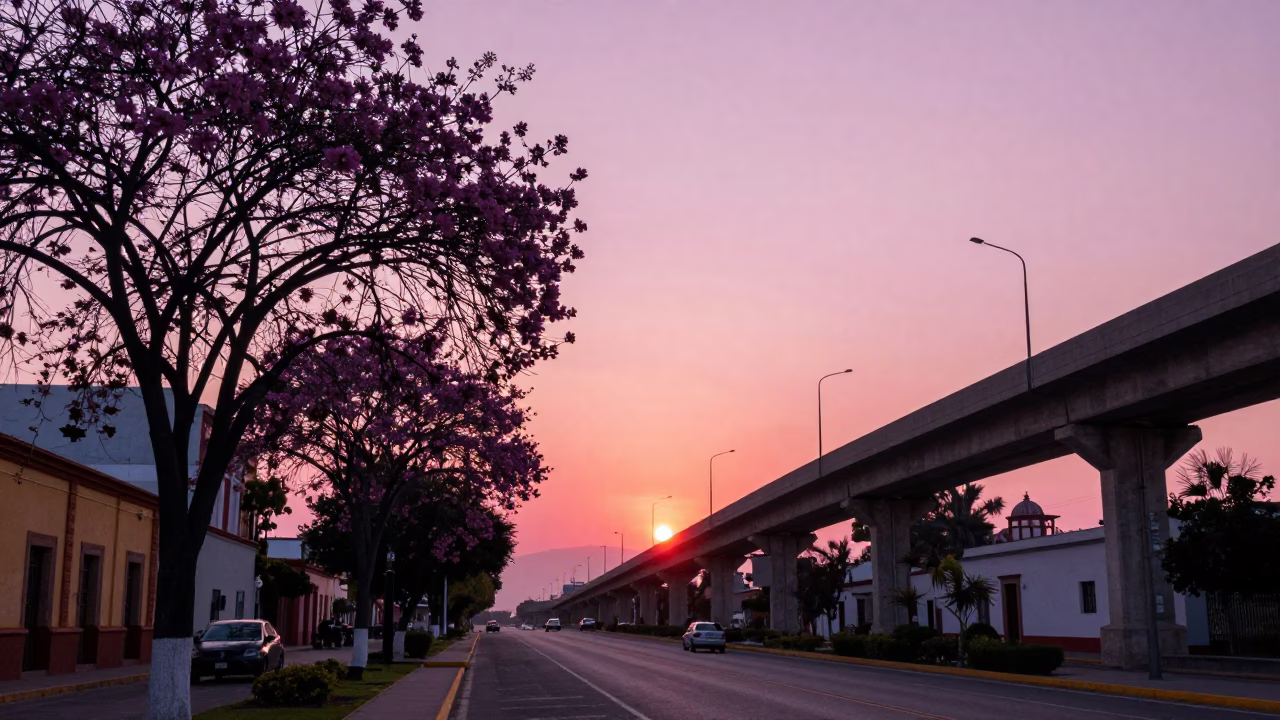 Jacaranda Boulevard Sunset in Oaxaca Mexico with Tamarind Tree and Highway Flyover in in Oaxaca, Mexico