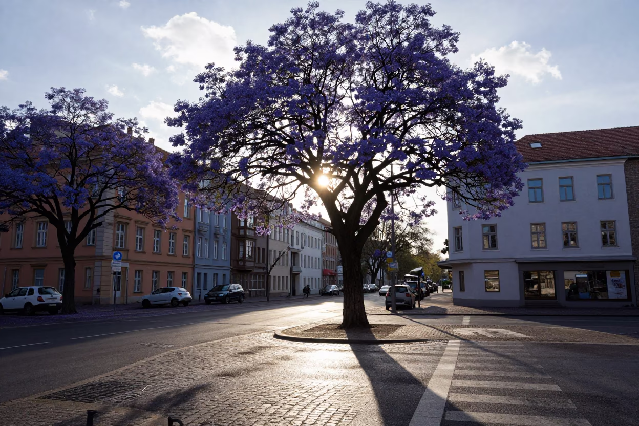 Jacaranda Tree in Berlin at As First Light Reaches The Scene in in Berlin, Germany