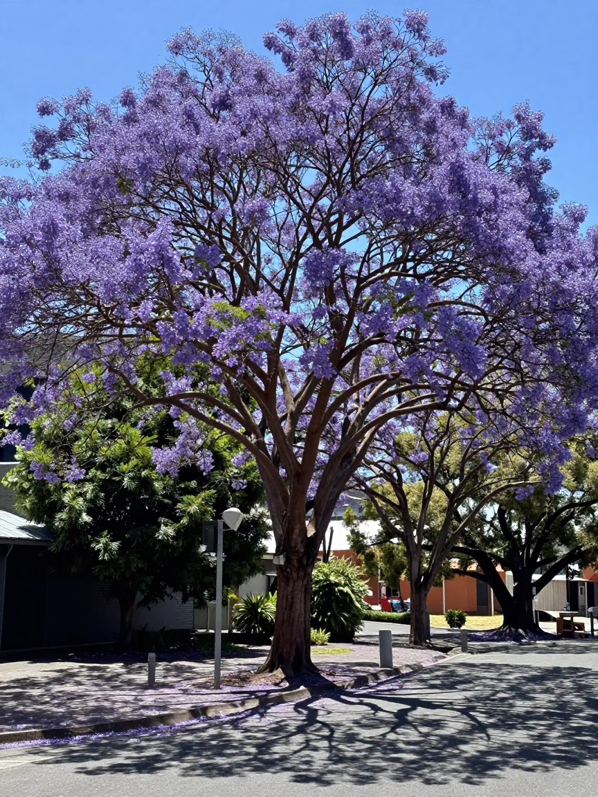 Jacaranda tree in purple bloom in Hobart Tasmania Australia under noon glare in in Hobart, Tasmania, Australia