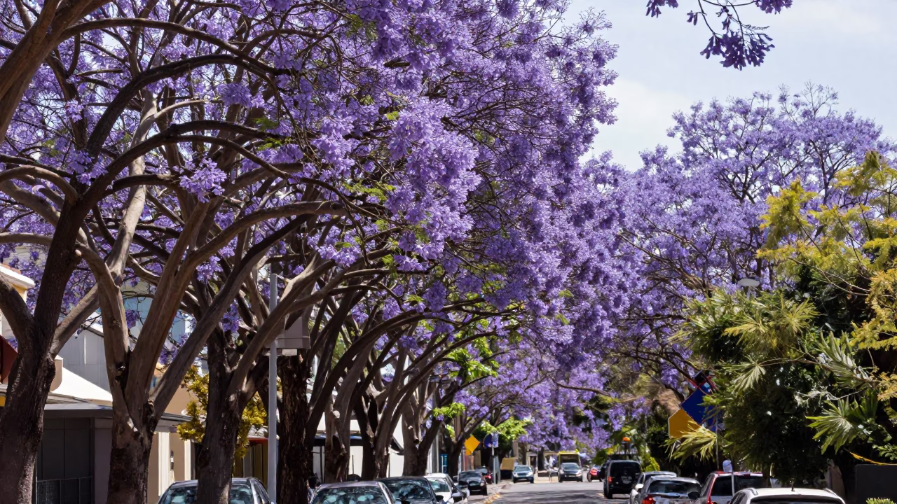 Jacaranda tree in purple bloom lining Perth Western Australia boulevard in bright midmorning light in in Perth, Western Australia, Australia