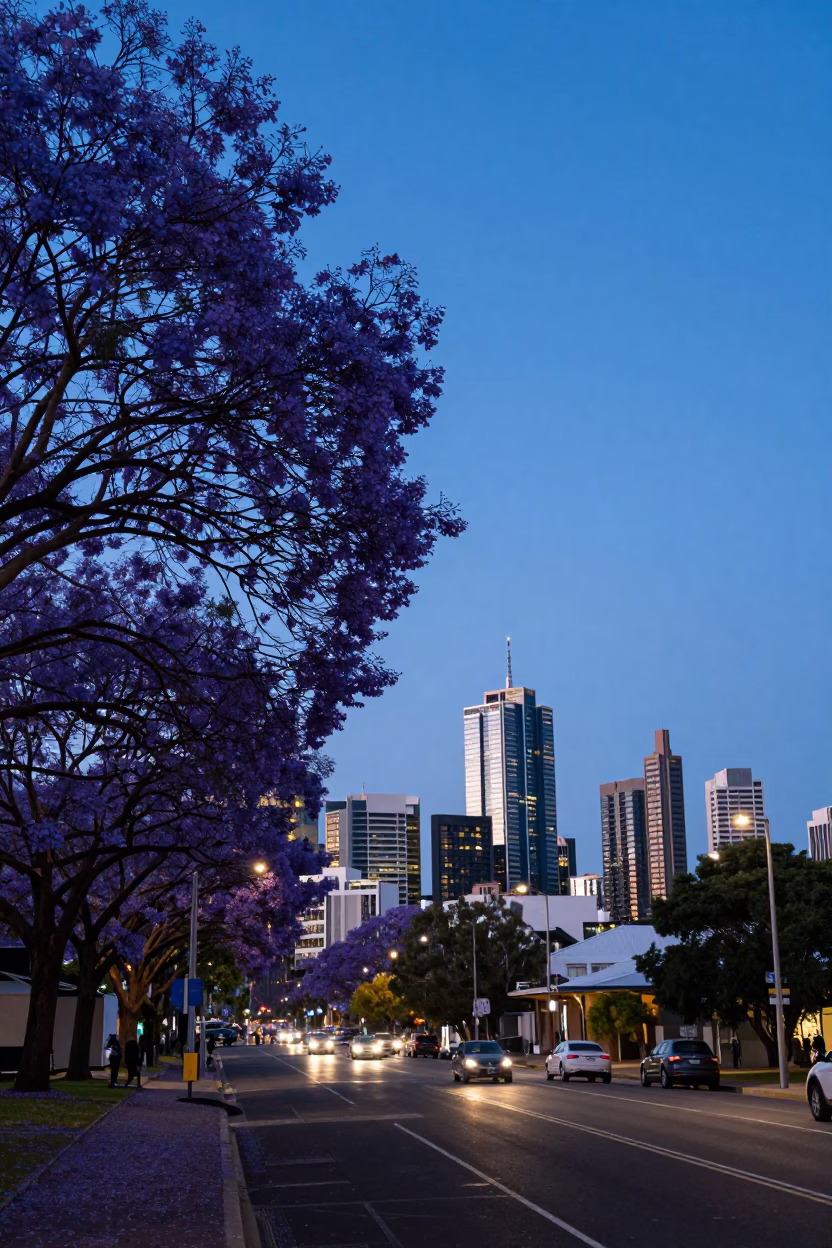Jacaranda Tree Purple Bloom Evening Horizon Adelaide South Australia Street Scene in in Adelaide, South Australia, Australia