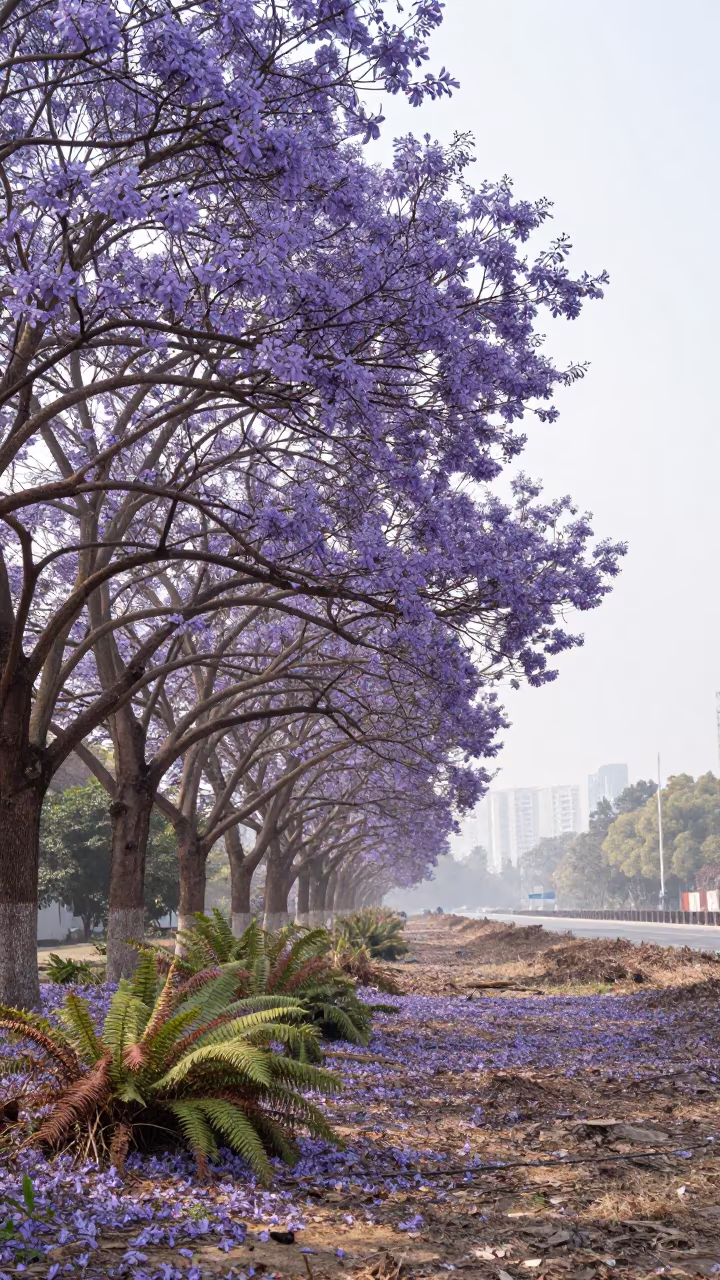 Jacaranda Tree in Purple Bloom Shanghai Winter in on a fern-lined forest floor near Shanghai