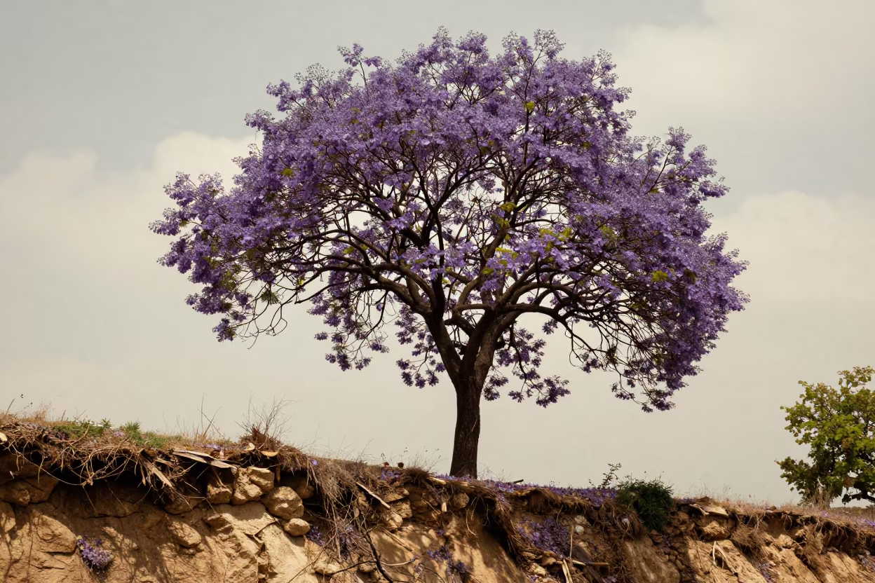 Jacaranda Tree Silhouetted on Diyarbakir Cliff in along a salt-sprayed cliff edge near Diyarbakır