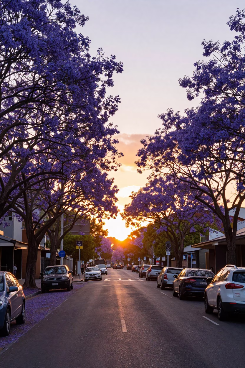 Jacaranda Trees in Purple Bloom Over Adelaide South Australia Sunset Street Scene in in Adelaide, South Australia, Australia