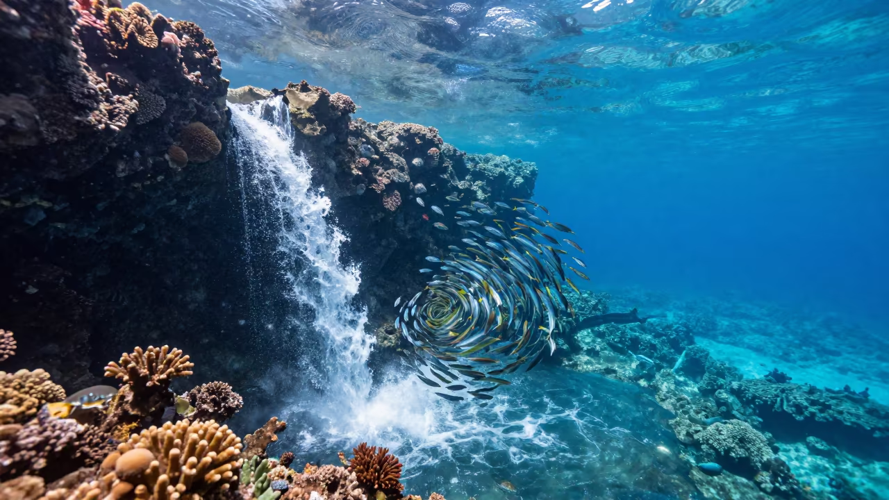 Jack Fish Tornado Over Coral Reef Wall in along a coral wall with blue water beyond near Stone Town