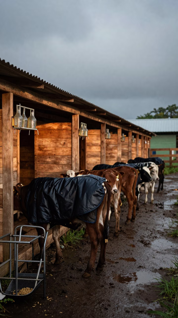 Jacketed Calves in Morning Corral Light in inside a ranch corral in Guatemala