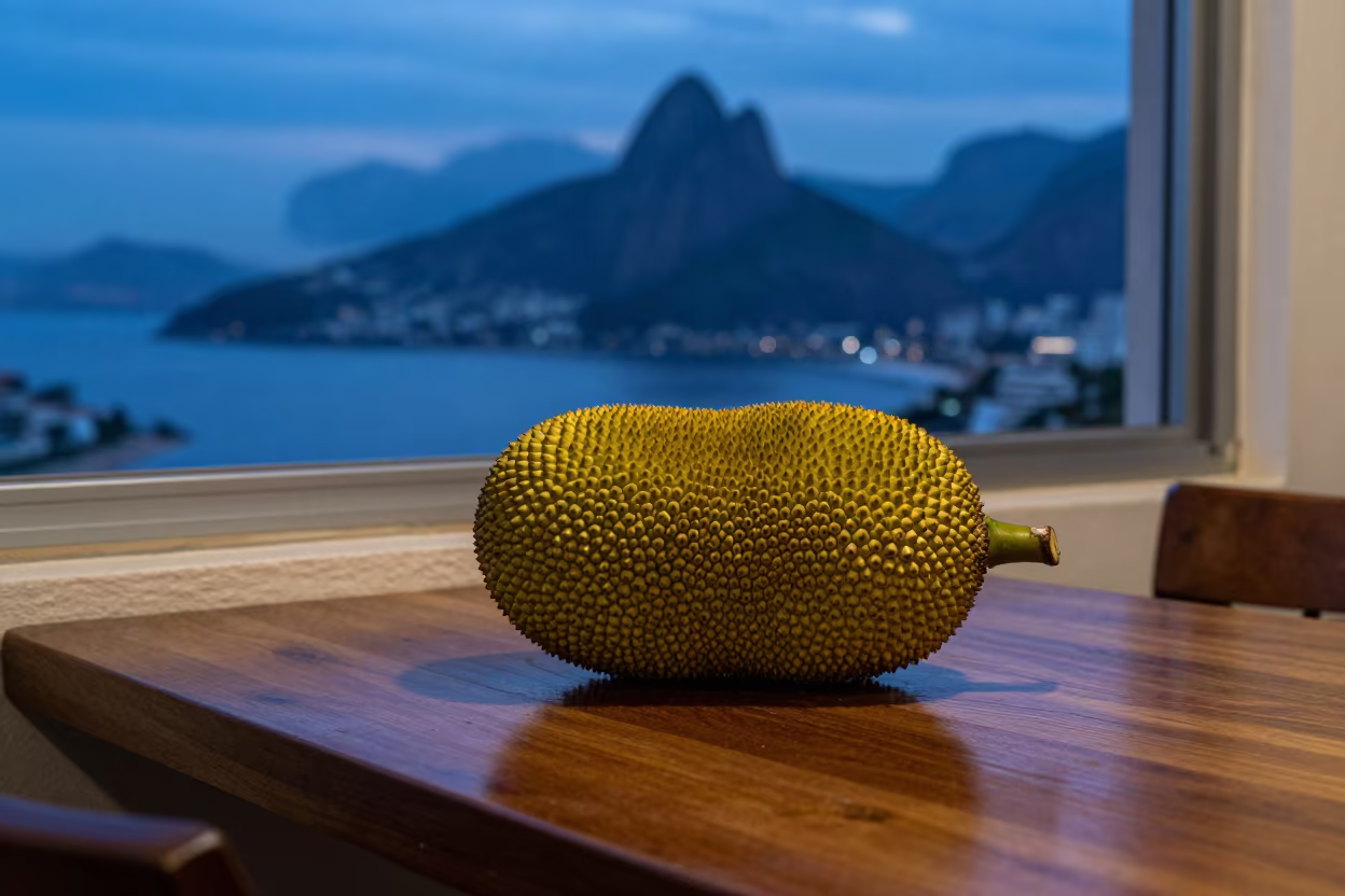 Jackfruit on Cafe Table Rio Twilight in on a cafe table by a window in Rio de Janeiro
