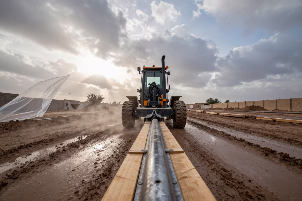 Jackhammer Cart on Muddy Road in Winter Riyadh in at a muddy site access road in Riyadh